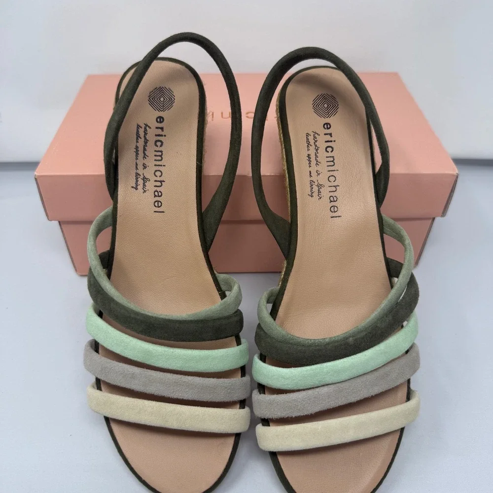 Eric Michael Elva Green Suede Espadrille Wedge Sandals Size 40 Made in Spain